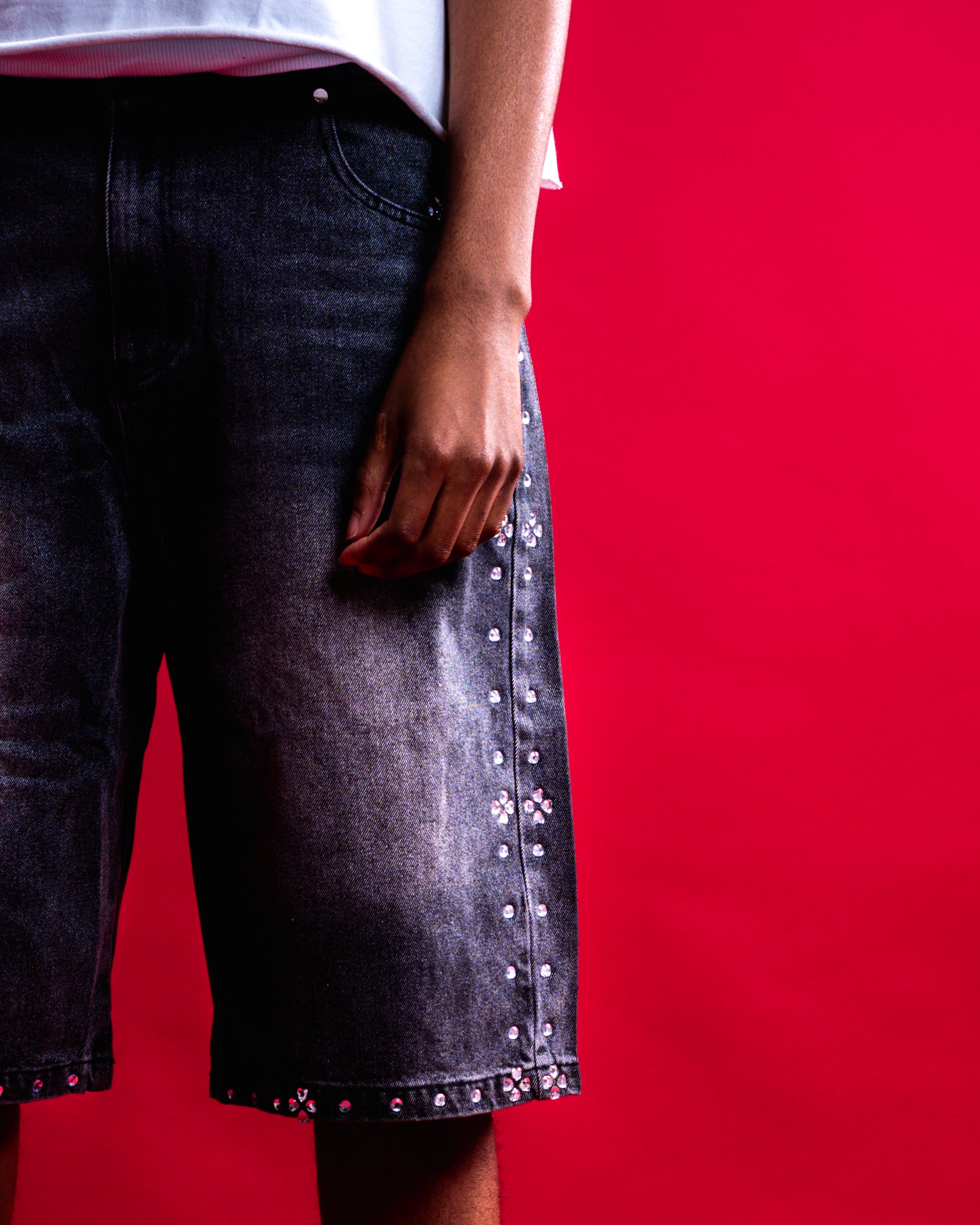 BLACK RHINESTONE JORTS